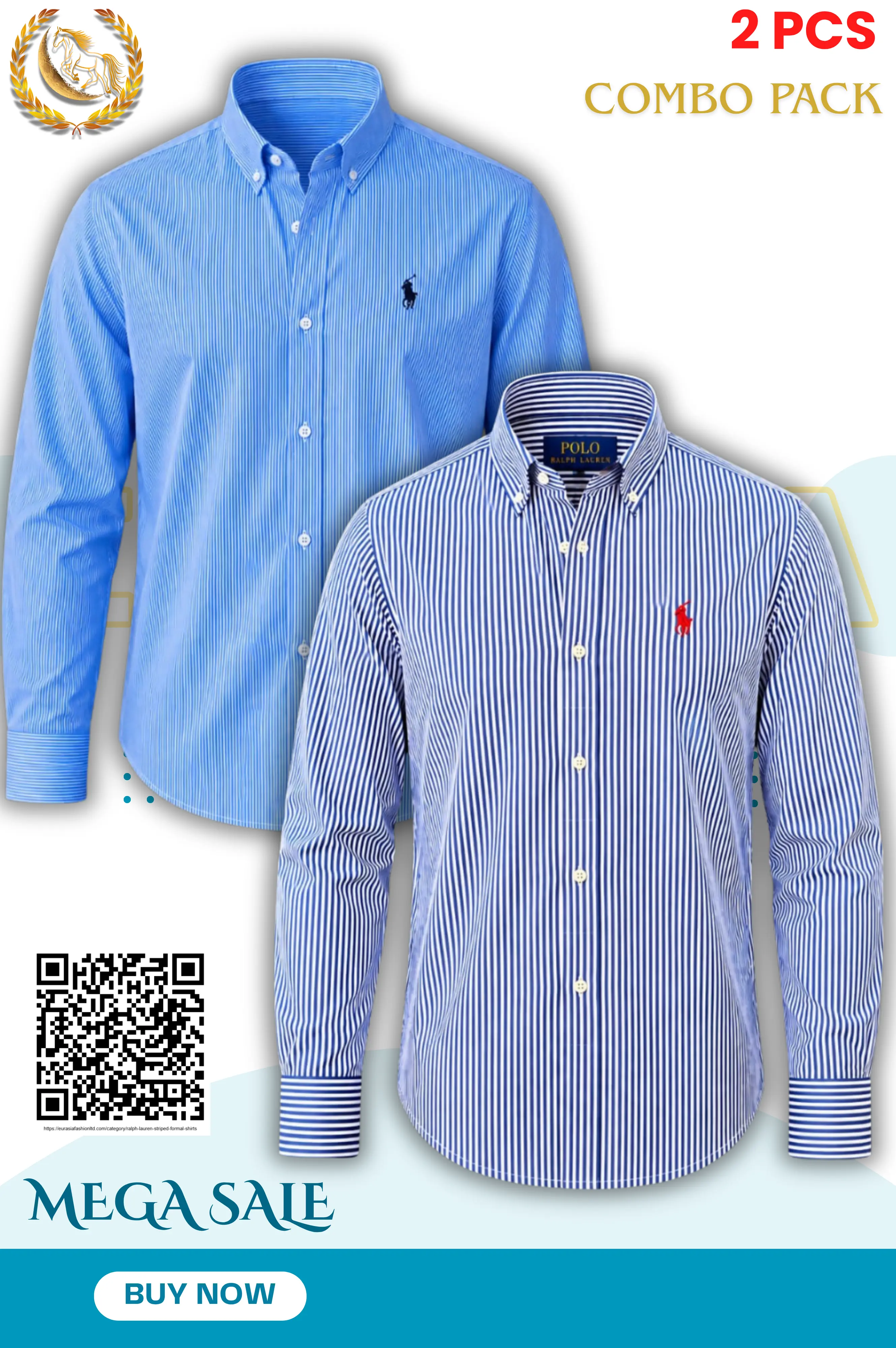 2 Pes Combo-Custom Fit Striped Stretch Poplin Shirt (Colour: Light Navy/Blue)