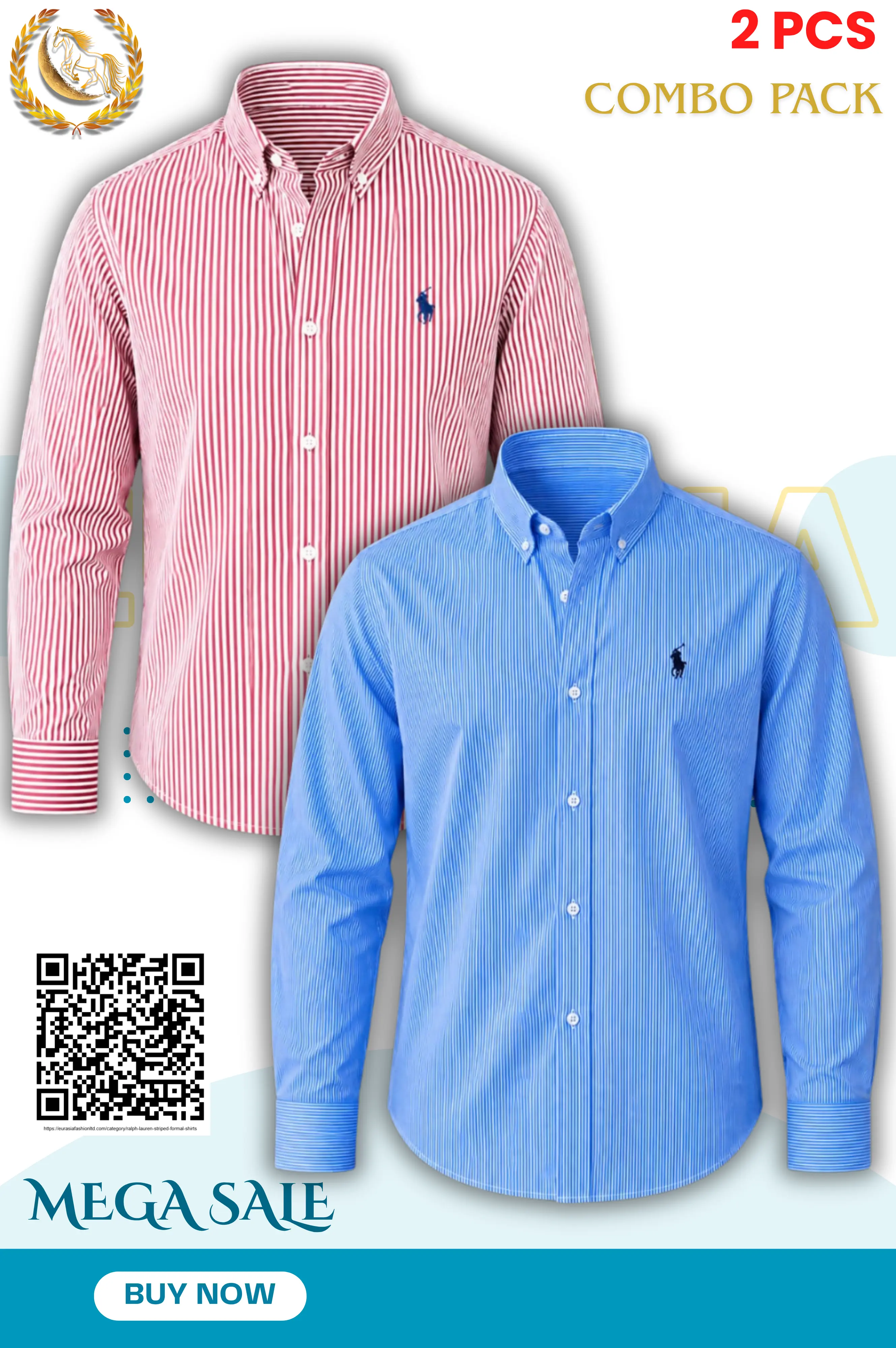 2 Pes Combo-Custom Fit Striped Stretch Poplin Shirt (Colour: Light Wine/Blue)