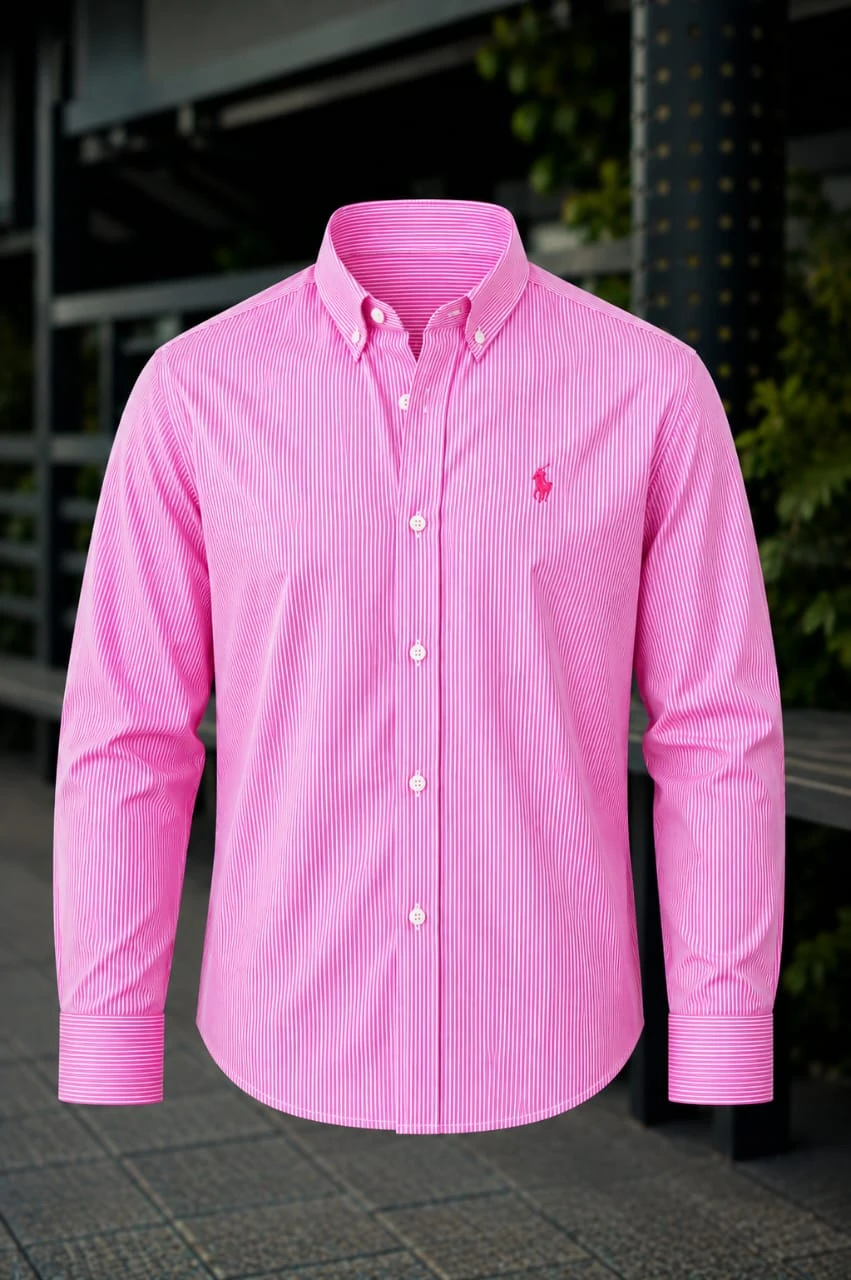 Custom Fit Striped Stretch Poplin Shirt (Colour: Carmel Pink/White)