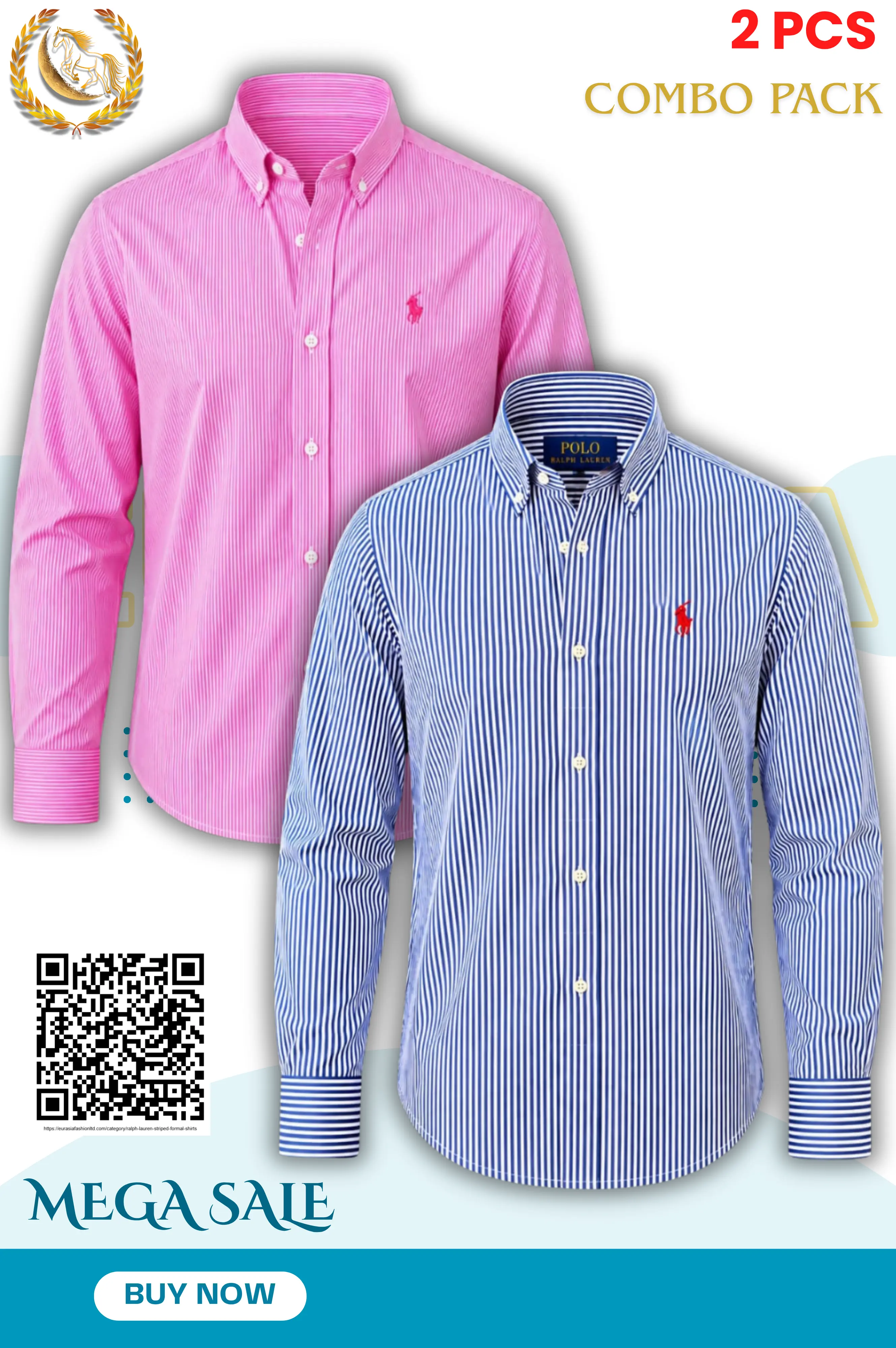 2 Pes Combo-Custom Fit Striped Stretch Poplin Shirt (Colour: Carmel Navy/Pink)
